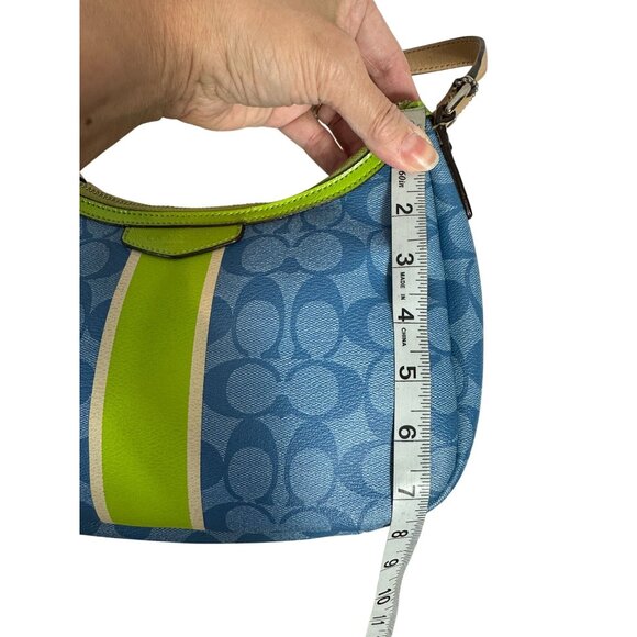 Coach Signature Stripe Shoulder Baguette Demi Bag Blue Lime Green F29942 - Picture 10 of 15